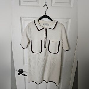 Zara Cream Mini Polo Dress with Dark Brown Trim